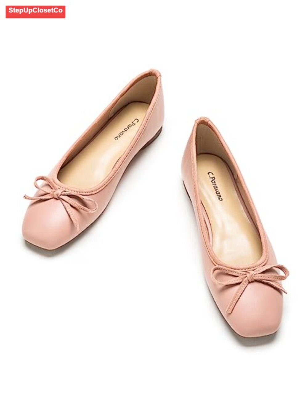 Women's Ballet Flat Bow Square Toe Slip-on Shoes Lambskin Leather
